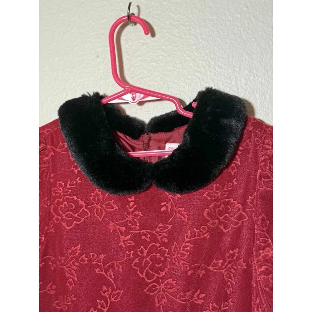 Gymboree Girls Red Crushed Velvet Dress with Faux-Fur Peter Pan Collar 3XL  8yrs